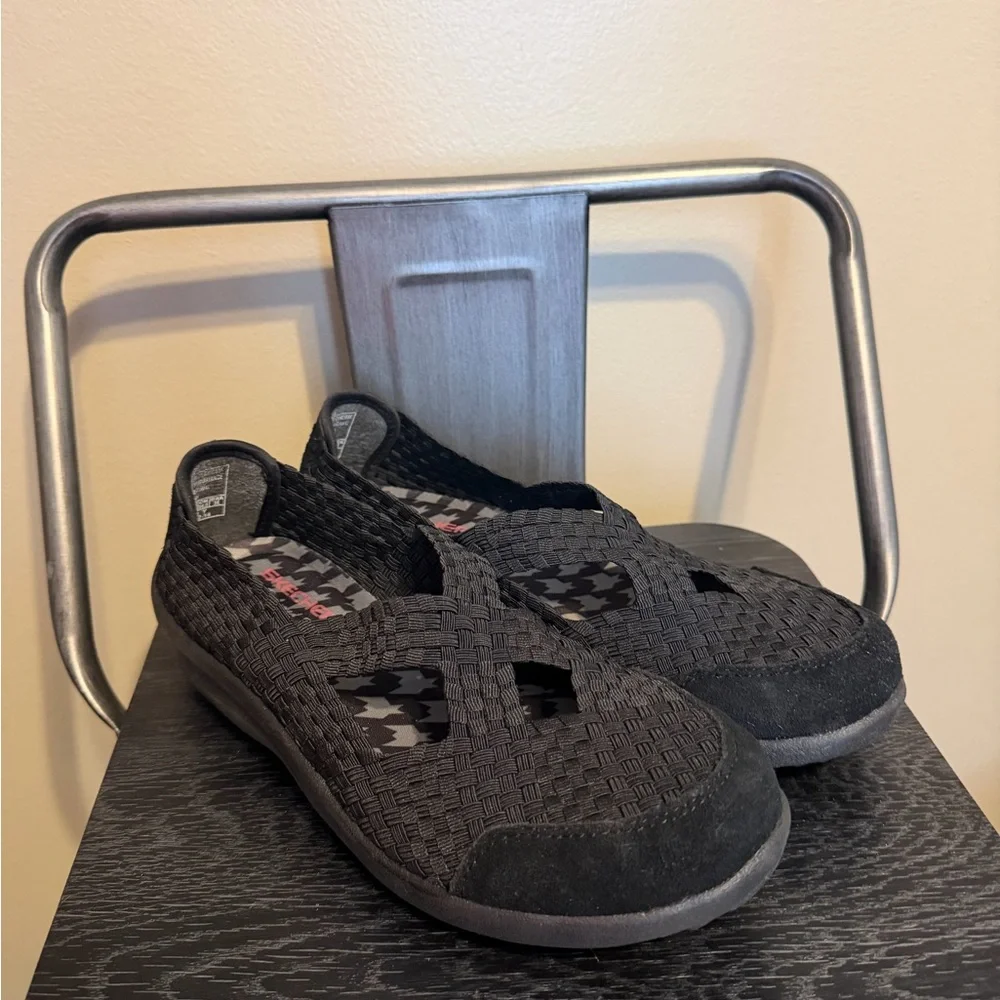 Skechers Woven Mary Jane Flats Black Stretch Comfort Shoes Women’s 7.5